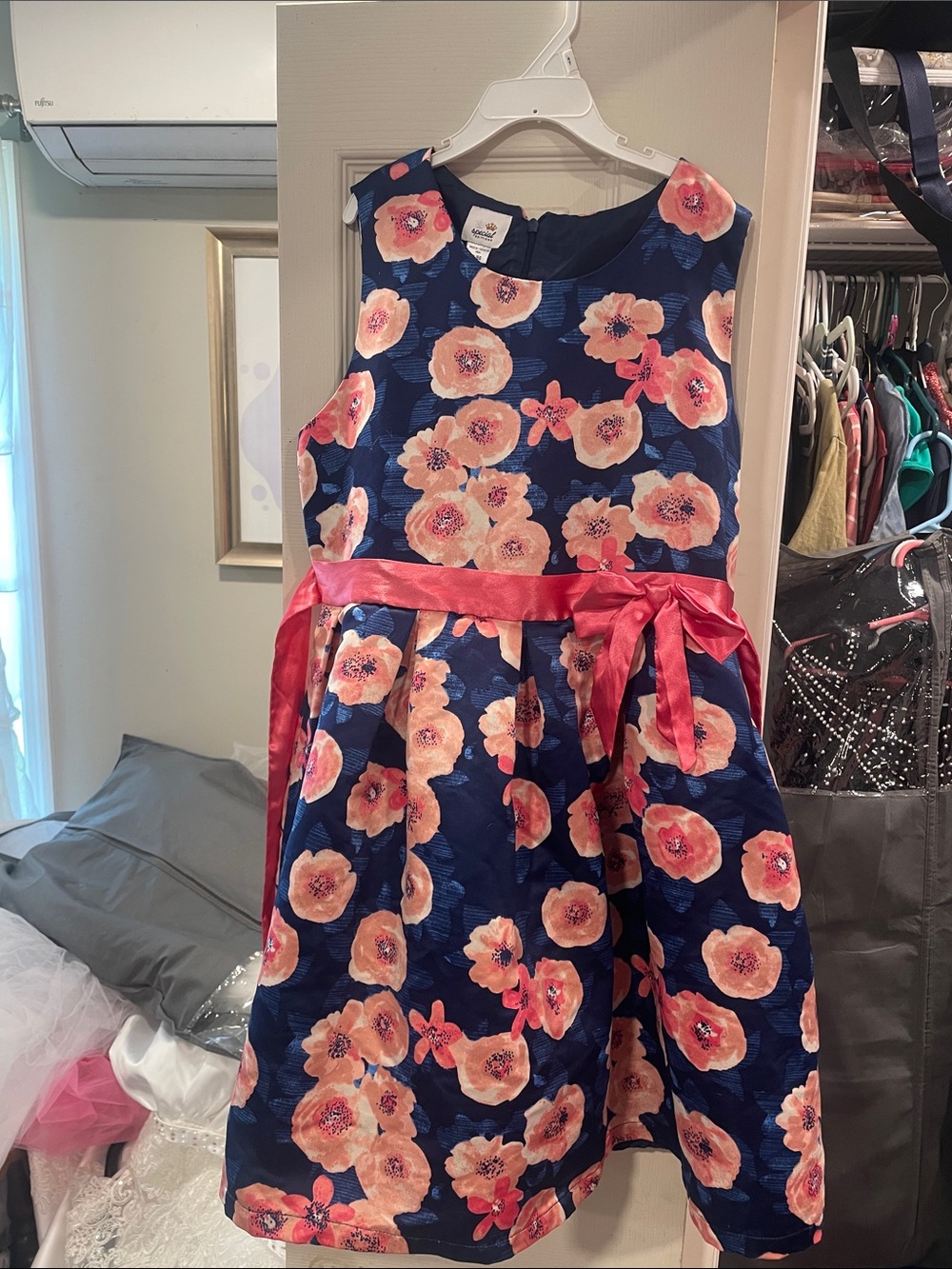 Navy Floral Sleeveless Party Dress with Pink Sash